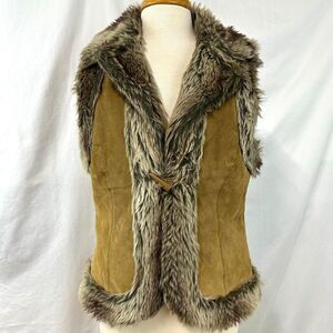 AMI Y2K 2000s Tan Genuine Leather Faux Fur Shearling Lined Vest Womens L Retro